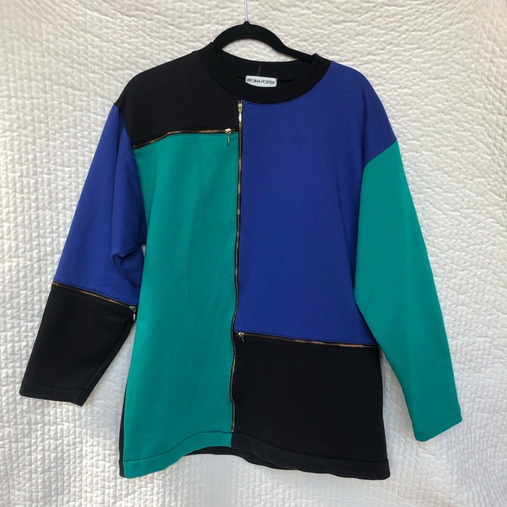 VTG 80s/90s Blue Green‎ Black Colorblock Zipper Sweatshirt. Medium